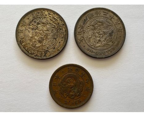 Two Japanese Yen, both marked 416 One Yen 900, and a copper 2 Sen coin. (3).  *CR:  Toned with marks to surfaces.  *BP 22.5% 