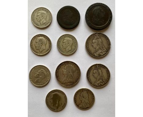 A small collection of coins: Victorian Crowns for 1891, 1896 (LIX), Double Florin 1890, Halfcrowns for 1888, 1916, 1924, 1938