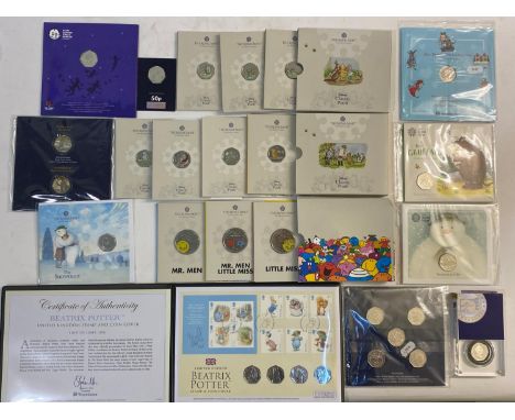 Childrens literature themed 50p Brililant Uncirculated coins in original packaging: Mr Men and Little Miss, three £5.00 coins