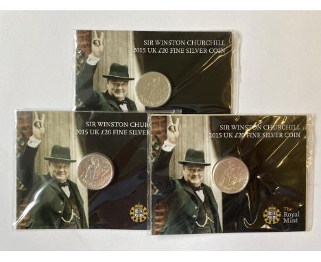 Three Royal Mint 2015 £20.00 coins, .999 sine silver, in original packaging, brilliant uncirculated.  *CR:  All in original u
