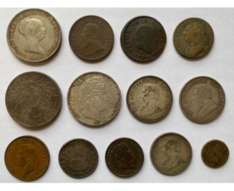 A Spanish 20 Reales coin 1854, South African 2 1/2 Shilling coins for 1896, A 1913 Hamburg 5 Mark coin and others. 13 coins. 