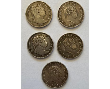 George III New Coinage Halfcrowns, Large laureate bust r, Crowned Garter and shield: 1816, 1817, Small Head 1817, 1818, 1819.