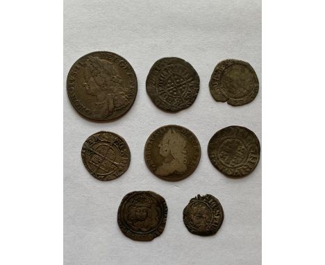 A Henry III (?) Short Cross Penny and other early hammered silver coins, a George II Shilling and others  8 coins.  *CR:  Mix