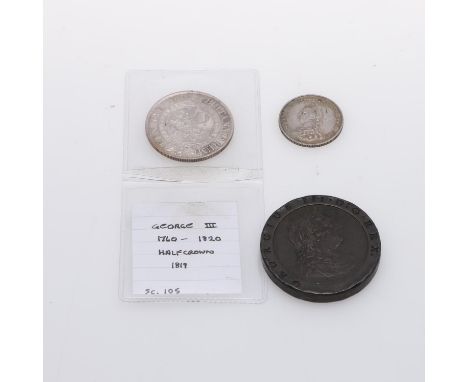 A George III Halfcrown, small laureate head r. Reverse crowned garter and shield, dated 1819, A Cartwheel Penny, Soho Mint, d