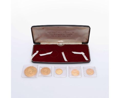 A cased set of five coins 'The First Gold Coinage of the Republic of Congo one of 3000 proof sets. Comprising 1965 100 Francs
