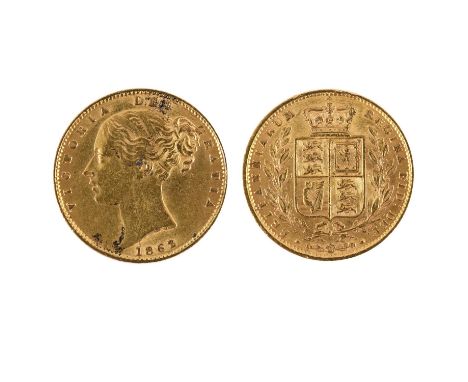 A Queen Victoria Sovereign, Young head l. Shield reverse, dated 1862.  *CR:  Light surface marks and rubbing.  *BP 22.5% (18.