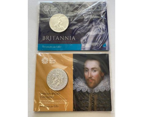 A Royal Mint 2015 Fine Silver Britannia £50.00 coin. A similar Royal Mint 2016 William Shakespeare £50.00 coin. (2).  *CR:  A