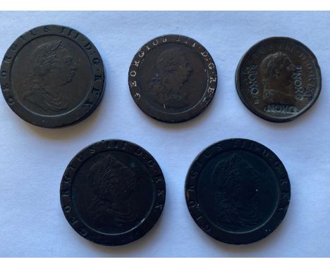 Three George III 'Cartwheel' Twopence pieces dated 1797, a similar Penny, and a forgery Penny overstamped in three places 'OX