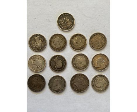 Silver three halfpence for 1834, 1835, 1836, 1838 (2), 1839, 1840, 1841, 1842, 1843, 1843/34, 1860,  1862. 13 coins.  *CR:  M