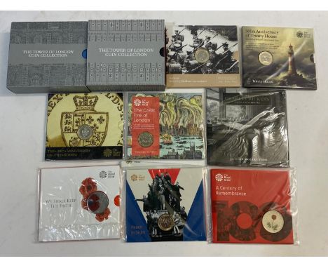 Royal Mint issues: eight 2019 and 2020 Tower of London £5.00 coins, 2013 £5.00 Alderney 'We shall keep the faith', 2020 Peace