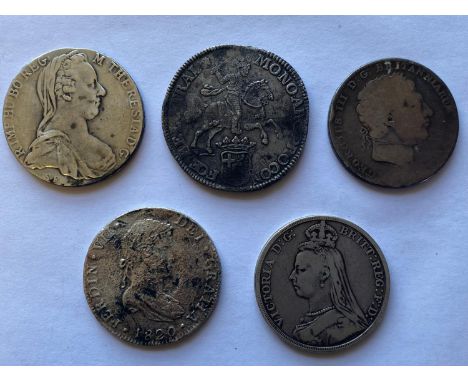 A George III Crown, date rubbed, a Victorian Crown for 1889, a Marie Therese Thaler dated 1780, a Mexican 8 Reales Coin dated