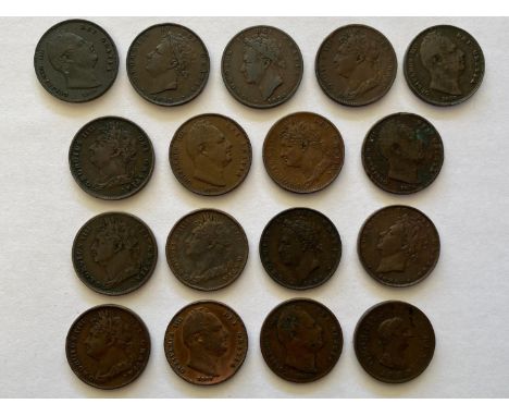 Farthings: George III 1807, George IV 1821, 1822. 1823, 1825 (2), 1826, 1827, 1828, 1829, 1830, William IV 1831, 1834 (2), 18