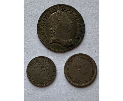 A George III Threepence 1762 , young laureate draped bust r. crowned 3. A George IV Penny 1822 and A William IV Three halfpen