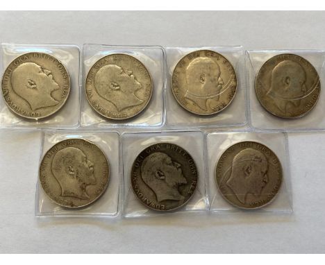 Edward VII Halfcrowns, bare head, r, Reverse Crowned shield, for 1902, 1904, 1906, 1907, 1908, 1909, 1910. 7 coins.  *CR:  Va