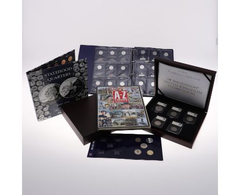 A set of 2018 Alphabet 10p coins in Change Checker album, similar Queen's Beast £5.00 coins, A set of five 'Date Stamped' iss