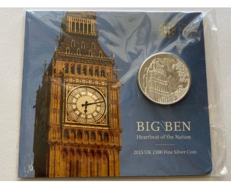 A Royal Mint 2015 Big Ben £100 Fine Silver Coin, 62.86g. In original packaging.  *CR:  As issued, packaging slightly bumped. 