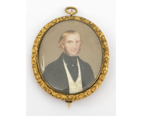 A 19th Century miniature watercolour portrait of a gentleman in black suit and cravat, (some overpainting) in yellow metal do