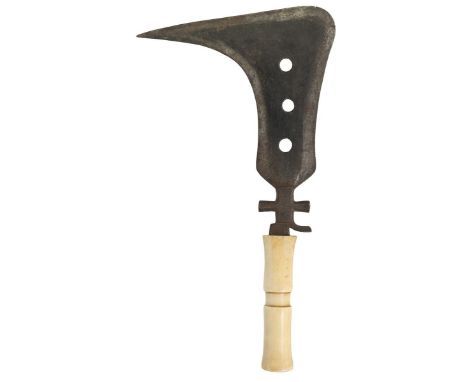 A 19th Century Mangbatu, of characteristic form, the beak-shaped blade with circular pierced central blackened panel and poli