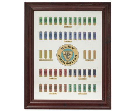An Eley Cartridges advertising mirror, central ELEY AMMUNITION logo surrounded by cartridges to include, COMET, MARS, DRAWN B