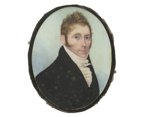 A late 18th Century miniature watercolour portrait on ivory, depicting "a favourite officer of Lord Nelson", in dark coat and