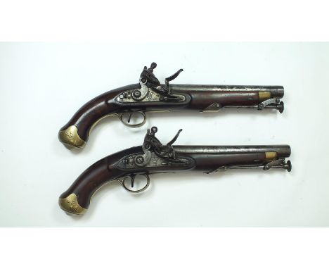 A pair of 18-bore flintlock Light Dragoon pistols of Waterloo interest, 9inch barrels, stepped and bolted locks stamped with 