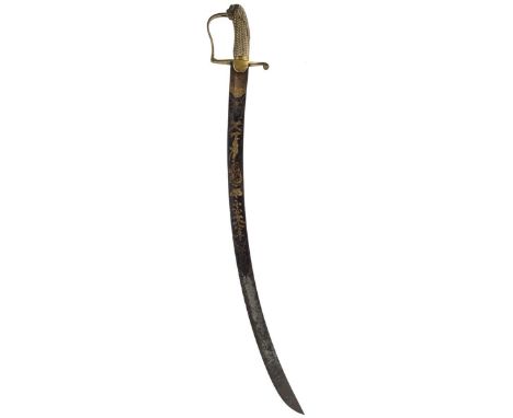 An Irish Yeomanry Cavalry Officer's blued and gilt sword, 76.5cm blade decorated with stands of arms, Royal Arms, crowned GR 