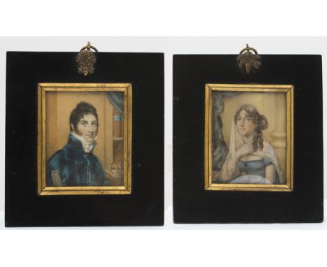 A pair of miniature watercolour portraits on ivory, depicting Surgeon Commander Richard Conby (HMS Pelican) and Charity Chell