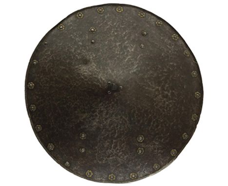 A 16th Century German shield, the 56cm diameter heavy gauge slightly convex body rising to a square section spike finial, dis