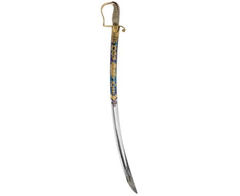 A good Georgian blued and gilt 1796 Pattern Cavalry Officer's sabre, 83.5cm curved blade by OSBORN, decorated with laurel wre