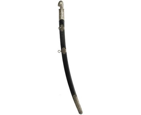 A silver niello mounted Turkish Shaska, 84.5cm curved triple fullered blade etched with scrolling foliage, stands of arms, cr