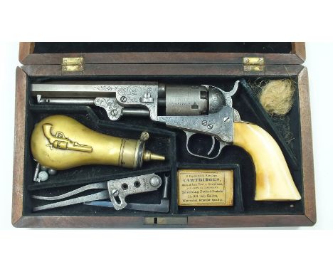 A cased Gustave Young engraved .31 Cal 5inch American Colt Pocket percussion revolver with ivory grips, 5inch sighted octagon