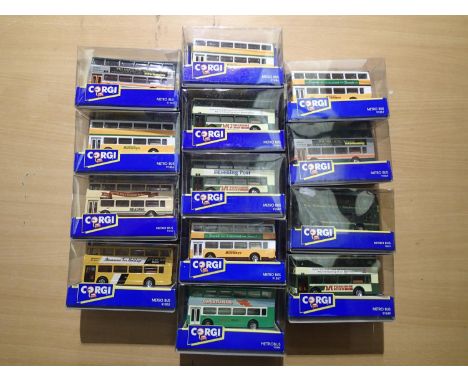 Thirteen Corgi Metro bus models, some duplicates, mostly in near mint condition, slight storage wear to boxes. UK P&amp;P Gro