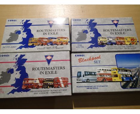 Four Corgi sets; four Routemaster in Exile The North, Blackpool set of three buses etc, all in near mint condition, slight st