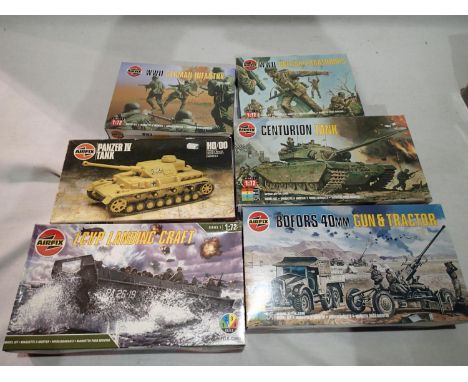 1/72 military related vehicles and figures; Airfix landing craft, Bofors gun and tractor, Centurion tank, Panzer IV tank plus