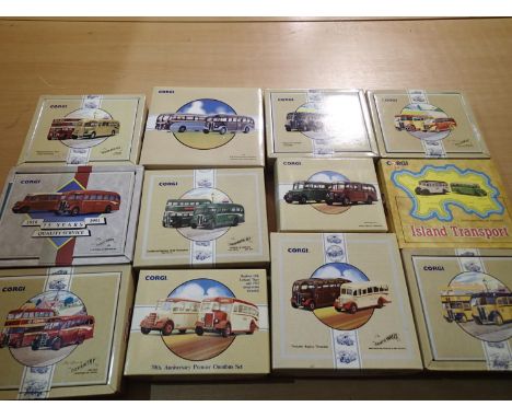 Twelve Corgi Classic buses twin sets, mostly in excellent to near mint condition, storage wear to boxes. UK P&amp;P Group 1 (