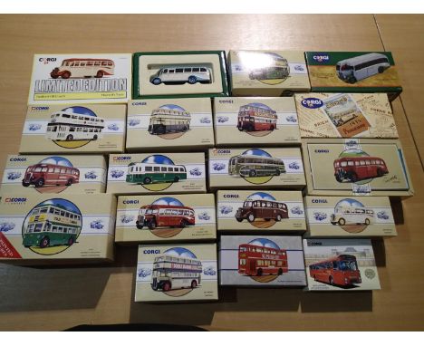 Nineteen Corgi Classic buses and coaches, mostly in near mint condition, slight storage wear to boxes. UK P&amp;P Group 1 (£1