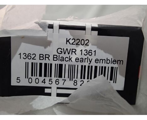 OO gauge Kernow model rail K2202 class 1361, GWR saddle tank, BR Black, Early Crest, 1362, as new, tissue wrapped. UK P&amp;P