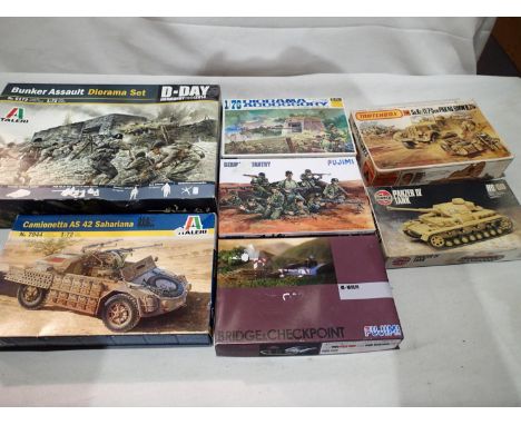 Seven 1/72 scale military related kits; Italeri Diarama bunker, Camionetta AS42, Fujimi bridge/checkpoint, diarama accessorie