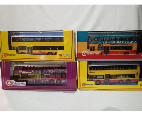 Four Corgi Classics Hong Kong City Bus vehicles; 44601, 43205, 44302 and 44512, all in near mint condition, slight storage we