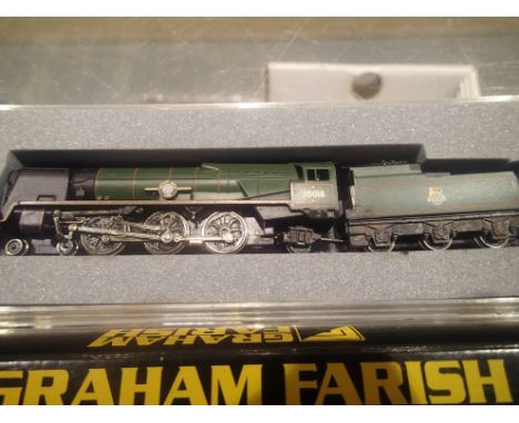 N gauge Graham Farish Merchant Navy class, British India Line, 35018, Green, Early Crest, overpainting/weathering to chassis,