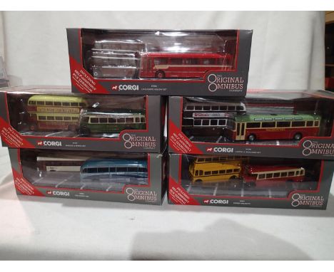 Five Corgi OOC twin bus/coach sets, Lancashire Holiday Capital and Highlands, Dorset Delights, bridges and spires, varsity, a