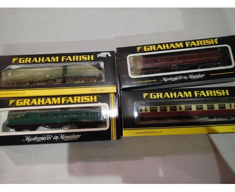 Four assorted N gauge Farish coaches, in very good condition, some weathering, boxes with wear. UK P&amp;P Group 1 (£16+VAT f