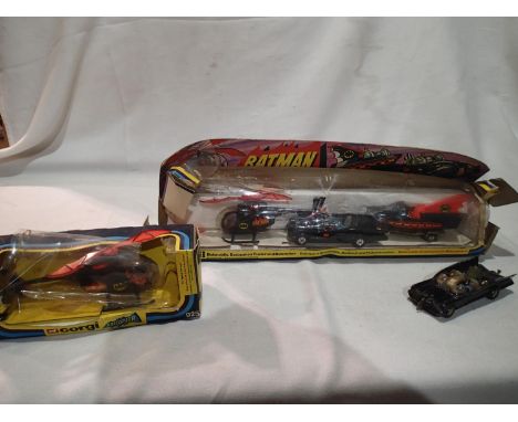 Corgi Batmobile, bat boat and helicopter set 40, contents near mint condition, batcopter has one blade snapped off but presen
