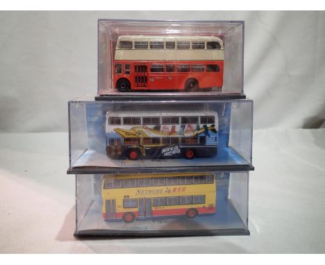 Three Corgi 'Oriental Omnibus' buses, 43012 Ocean Park Leyland Olympian, 44603 Network 26 Leyland Atlantean, and 41904 Hong-K