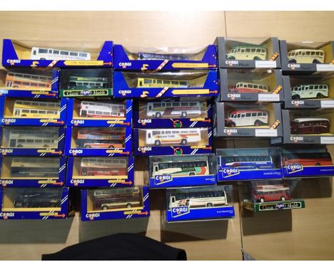 Twenty six Corgi buses and coaches, mostly in near mint condition, storage wear to some boxes. UK P&amp;P Group 1 (£16+VAT fo
