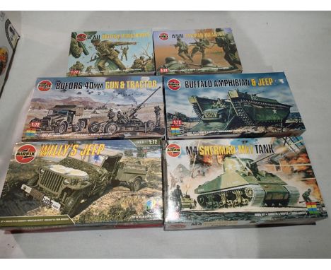 1/72 scale Airfix military related kits, new/sealed, Willys Jeep, Sherman tank, Bofors gun and tractor, Buffalo Amphibian and