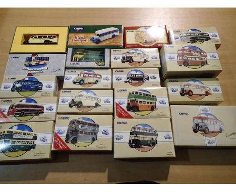 Nineteen Corgi Classics buses and coaches, mostly in near mint condition, slight storage wear to boxes. UK P&amp;P Group 1 (£