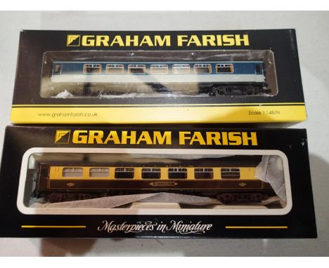 Two N gauge Farish Pullman coaches, blue/grey parlour 2nd choc/cream kitchen 2nd. Both in excellent condition, some overpaint