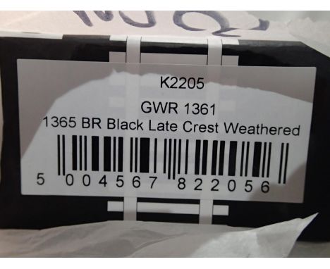 OO gauge Kernow model rail K2205, class 1361 GWR saddle tank, BR Black, Late Crest, 1365, weathered, as new, tissue wrapped. 