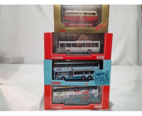 Four Corgi Classics Kowloon motor bus vehicles, 40408, 42808 and 43222, all in near mint condition, slight storage wear to bo